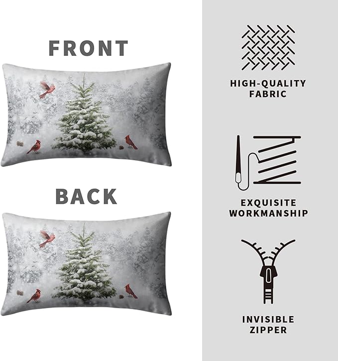 Winter Christmas Lumbar Pillow Covers 12x20 Set of 2 Snowy Natural Forest Rectangle Pillowcase Green Pine Tree with Cardinal Birds Waist Cushion Case for Couch Living Room Patio