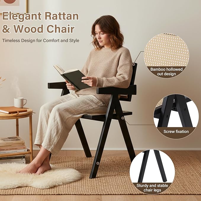 Rattan Dining Chairs Set of 2, Modern Mid Century Dining Chairs with Arms, Outdoor Bamboo Chairs for Bedroom, Living Room, Reading Room, Black
