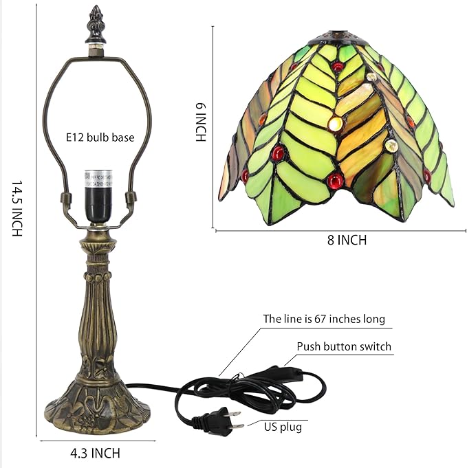 Small Tiffany Lamp Mini Accent Table Lamp Stained Glass Desk Memory Lamp Sympathy 8X14.5 Inch (Brown Green Leaf)