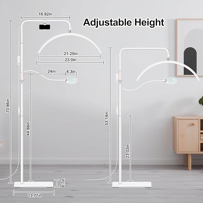 AURELLE Half Moon Lash Light - Adjustable LED Floor Lash Lamp with 4X Magnifier & Phone Holder for Eyelash Extensions,Nail Art,Tattoo,Skincare,Salon SPA-Dimmable Brightness,Rotating Head, White