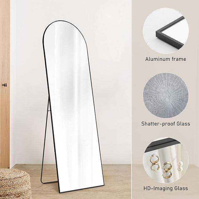 OLIXIS Arched Full Length Mirror for Bedroom, 68"x26" Full Body Mirror with Stand, Hanging or Leaning for Wall, Aluminum Alloy Thin Frame Floor Standing for Living Room, Long, Black