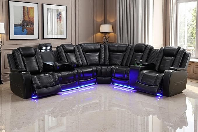 A Ainehome Power LED Furniture Reclining Sectional Couch, Living Room Recliner Adjustable Sofa, Loveseat and Chair with Storage Console for Living Room/Office/Home Theather(B-Black)
