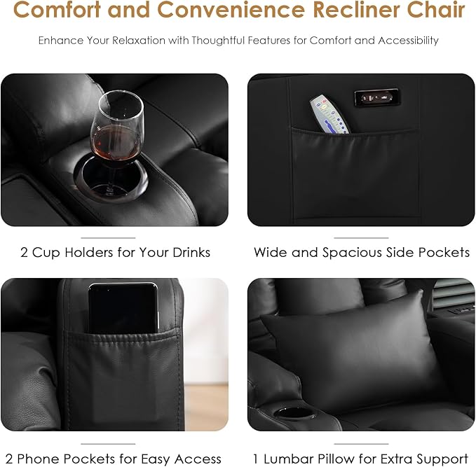 SAMERY Power Recliner Chair, Electric Wall Hugger Recliner Chair Reclining Sofa Home Theater Seating for Living Room with Massage & Heat, USB, LED Lights, Cup Holders, Side Pockets, Lumbar Pillow | 1-Inch Wall Hugger, Extra Wide Seat, Full Body Comfort...