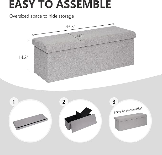 43 Inches Storage Ottoman Bench - Square Ottoman with Sherpa Top,Storage Bench for Bedroom,43" L x 15" W x 15" H - Grey