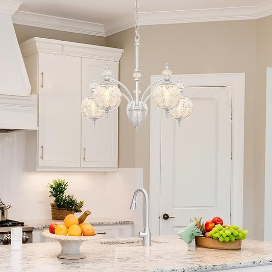 Vintage Brushed Nickel Chandelier - Adjustable Height Dining Room Light Fixture with Handcrafted Blown Glass - 5-Light E26 Base, Ideal for Kitchen, Entryway, Enhances Luxury Home Decor for Discerning