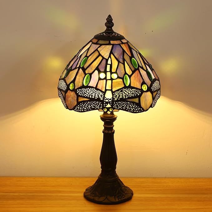 Tiffany Small Table Lamp Blue Dragonfly Hand-Made Stained Glass Table Lamps for Bedroom 8.5X8.5X15 Inch Night Light Bedside Nightstand Home Office Desk Lamp W/ E12 LED Bulb