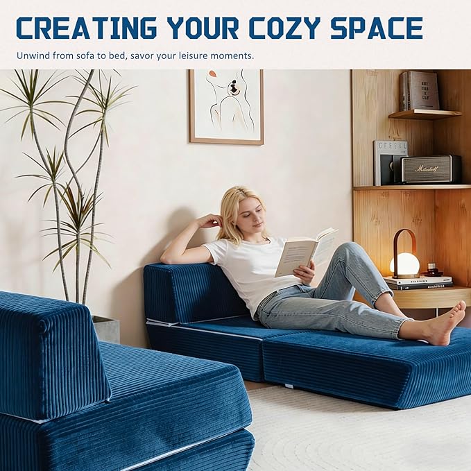 Trenda Folding Sofa Bed, 16lbs Convertible Sleeper Chair with Removable Back Pillow & Handle, Washable Cover Solid Foam Fold Out Chair Bed for Living Room, Apartment, Guest, Single, Navy Blue