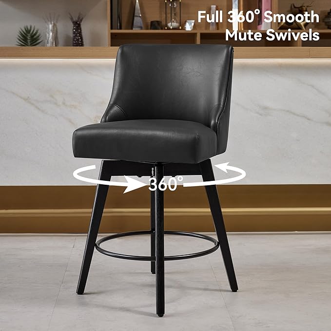 Vipbear Counter Height Bar Stools Set of 3, 26" H Swivel Bar Stools with Backs, PU Leather Upholstered Bar Chairs with Solid Wood Legs for Kitchen Island, Dining Room, Home Bar, Black