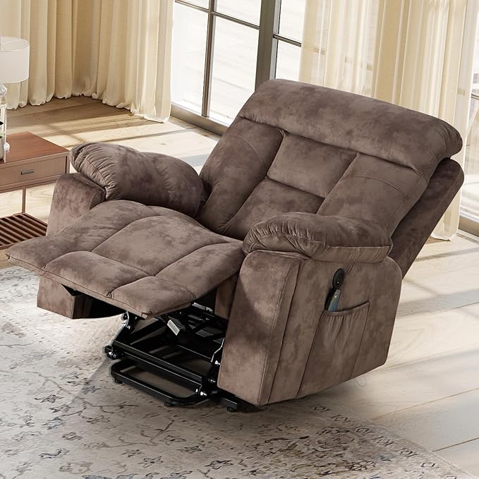 EBELLO Power Lift Recliner Chair with Massage and Heat, Soft Fabric Massage Recliner for Adults with Hidden Cup Holders, Side Pocket, Overstuffed Single Sofa for Living Room, Brown