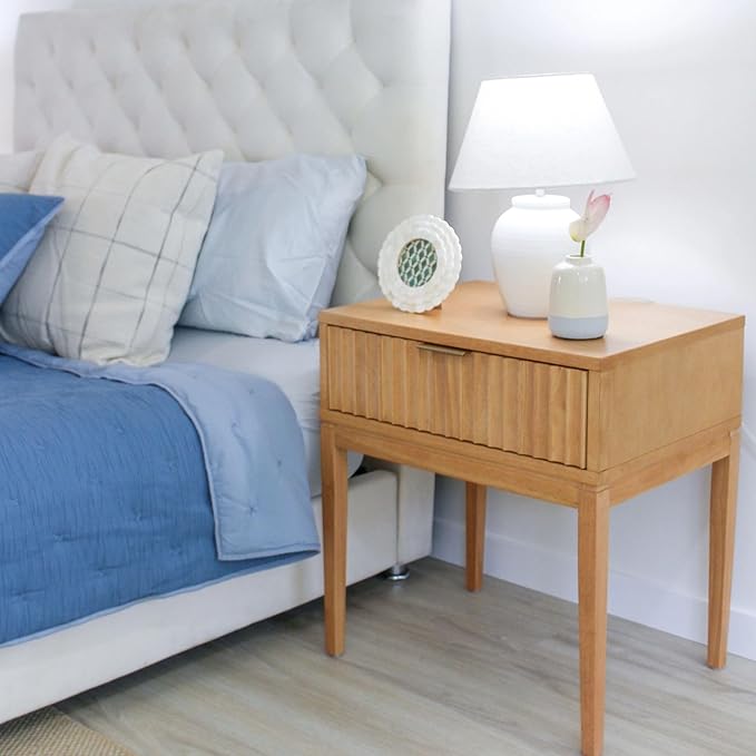 Nathan James Jasper Mid-Century Modern Nightstand, Side Table with Storage and Fluted Drawer Doors with Brass Handles, Natural Brown, Set of 2