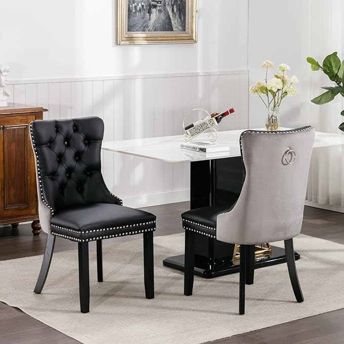 2-Pcs Set PU and Velvet Upholstered Dining Chair with Wood Legs,Nailhead Trim Modern Upholstered Side Chair W/Button Back Ring,for Sitting Room,Apartment,Black+Gray