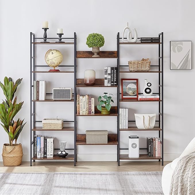 SKYXIU Triple Wide 5 Tier Bookshelf,Rustic Industrial Style Bookcases and Bookshelves with 14 Open Display Shelves,Large Open Bookshelves for Home&Office, Rustic Brown