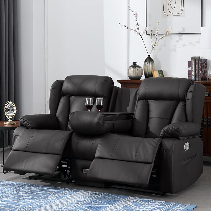 72.8" Manual Reclining Loveseat Sofa - Wall Hugger Double Loveseat Recliner with Console, Fold-Down Table and Built-in Outlets, Manual Recliner Chair for Living Room RVs Home Theater (Black)