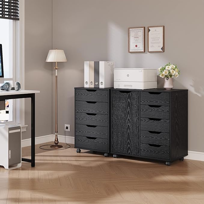 Panana 5/7 Drawer Chest, Wooden Tall Dresser Storage Dresser Cabinet with Wheels, Office Organization and Storage, Bedroom Furniture (Black, 5 Drawer)