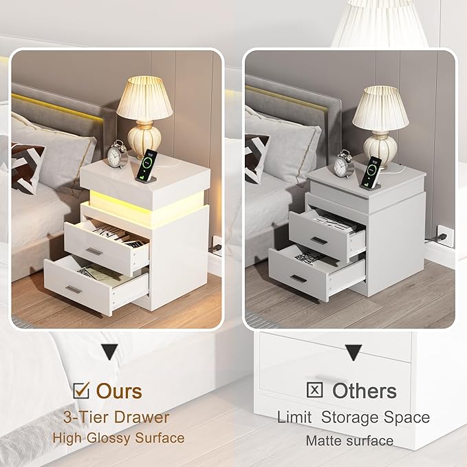 ChooChoo LED Nightstand with Charging Station, Smart Night Stand with Sliding Top Storage, 2-Drawers High Gloss Bedside Table, Modern End Table for Bedroom,White