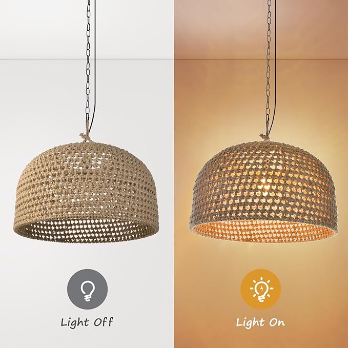Arturesthome Rustic Woven Dome Pendant Light, Hemp Rope Basket Lampshade Coastal Hanging Lighting Fixture, Adjustable Vintage Farmhouse Chandelierfor Kitchen Island Dining Table Room W 21.6"*H 13.7"