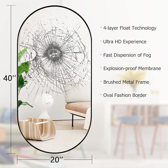 Muzilife Oval Wall Mirror for Bathroom, 20" x40'' Capsule Mirror Vanity Wall Mirror with Metal Frame, Hang Horizontally or Vertically for Entryway, Living Room, Bathroom, Black