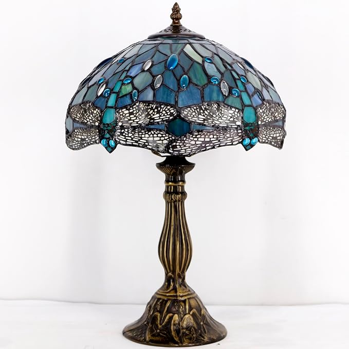 WERFACTORY Tiffany Lamp Sea Blue Stained Glass Table Lamp 12X12X18 Inches Dragonfly Style Desk Reading Light S147 Series