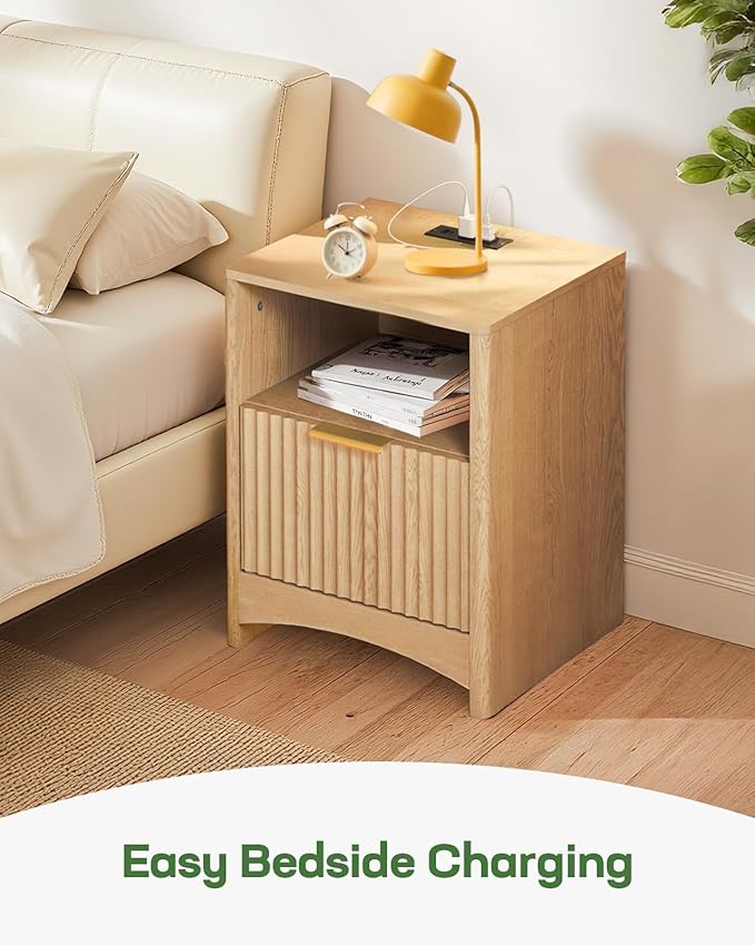Marsail Nightstand Set of 2 with Drawers, Modern Night Stand with Charging Station, USB & AC Ports & Wood Grain Finish, Fluted Bedside Table & End Table for Bedroom, Natural Oak