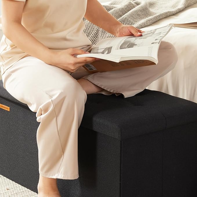 HAUSFRAU - Storage Ottoman Bench, 30 Inches Button Tufted Upholstered Ottoman Footstool with Storage for Living Room Bedroom Entryway, Load 660 lb, Linen Black