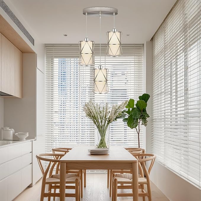 Brushed Nickel 3 Light Chandelier, Adjustable Height Pendant Lights Kitchen Island, Modern Dining Room Light Fixture with Linen Shade, Kitchen Light fixtures for Dining Room, Bathroom