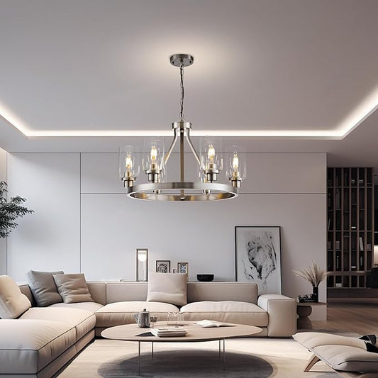 6-Light Modern Dining Room Light Fixture Brushed Nickel Kitchen Chandelier Ceiling Hanging Pendant Lighting with Glass Shade for Living Room Bedroom Entryway Adjustable Height Metal E26