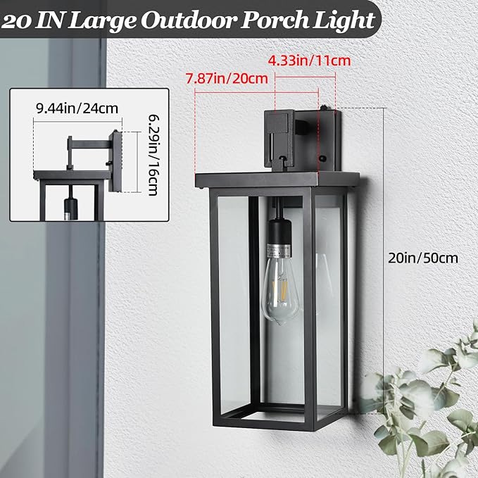 Large Exterior Lighting Fixtures Modern Wall Lantern,Outdoor Wall Lights with Clear Glass Shade,Outdoor Lamps for Patio Porch,Waterproof Outside Exterior Lights，Dusk to Dawn 20IN-2 Packs
