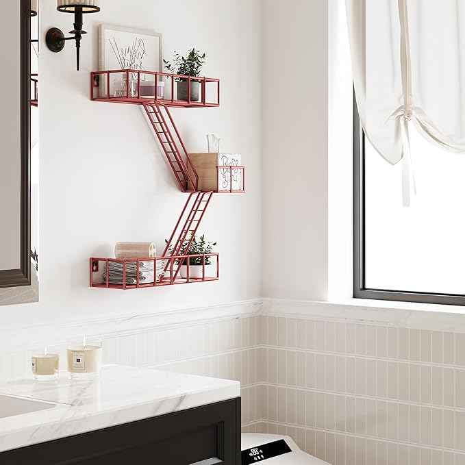 Fire Escape Wall Shelf with Baskets, 3-Tier Metal Fire Escape Ladder Shelf Wall Organizer, New York Inspired Decorative Shelf, Red Floating Action Figurine Display Shelves for Bedroom, Home Décor.