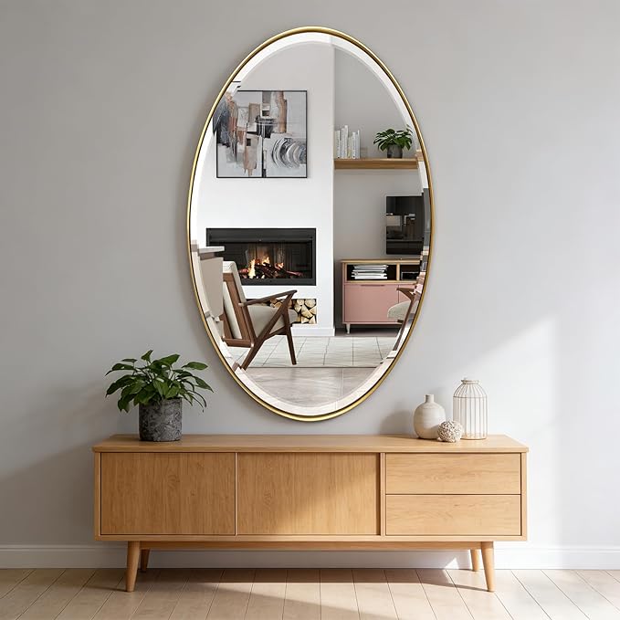 POZINO Oval Beveled Mirror, 28"x48" Brushed Gold Wall Mirror with Stainless Steel Frame, Modern Vanity Mirrors for Bathroom Living Room Bedroom Entryway Fireplace, Hangs Vertically or Horizontally