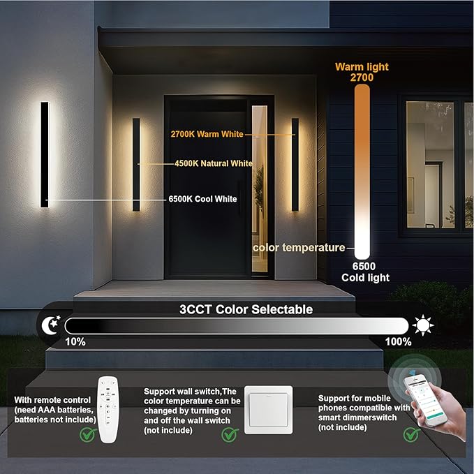 Outdoor Wall Lights Set of 2, 47.24 Inch Waterproof Linear Led Modern Wall Sconce, 2700-6500K Dimmable Selectable Exterior Lights with Remote Dimming Lighting Fixture Acrylic Anti Rust