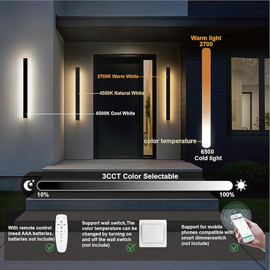 31.49 Inch Outdoor Wall Lights, Ip65 Waterproof Linear Led Modern Wall Sconce, LED Strip Porch Lights with Remote Dimming Lighting Fixture Acrylic Anti Rust 2700-6500K Dimmable (2 Pack)