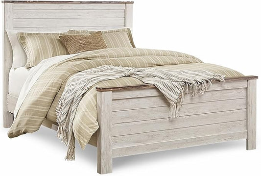 Signature Design by Ashley Willowton Shabby Chic Queen Panel Bed with Metal Slats, Foundation or Box Spring Needed, Whitewash
