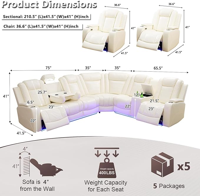 Power Recliner Sofa Sectional Couch with LED Light for Living Room, Cream White Leather Reclining Corner Sectional Sofa with 4 Recliner Seats,Cup Holder,Storage Console for House/Home