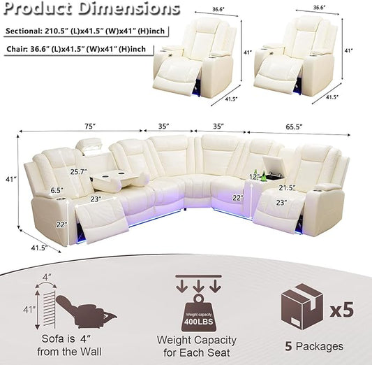 Power Recliner Sofa Sectional Couch with LED Light for Living Room, Cream White Leather Reclining Corner Sectional Sofa with 4 Recliner Seats,Cup Holder,Storage Console for House/Home