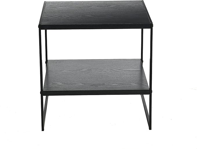 Household Essentials Jamestown Square Side End Table with Storage Shelf Black Oak Wood Grain and Black Metal