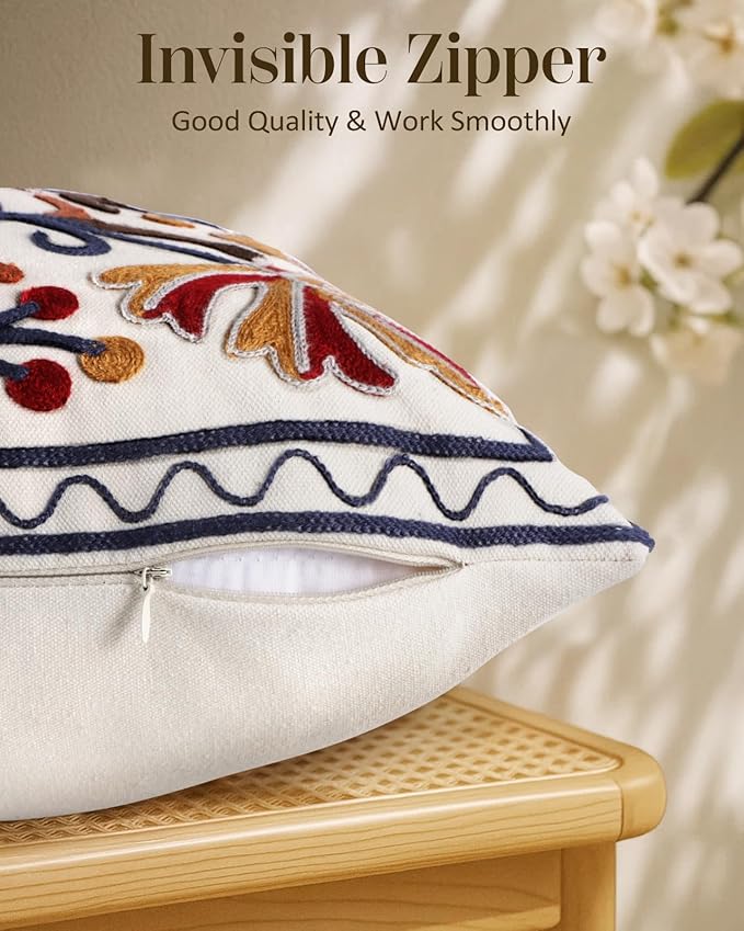 Embroidered Throw Pillow Cover - 20x20 Decorative Pillow Cover with Zipper Aesthetic Cute Design Boho Spring Summer Throw Pillowcase for Living Room Couch Sofa Bed, Fall Flower