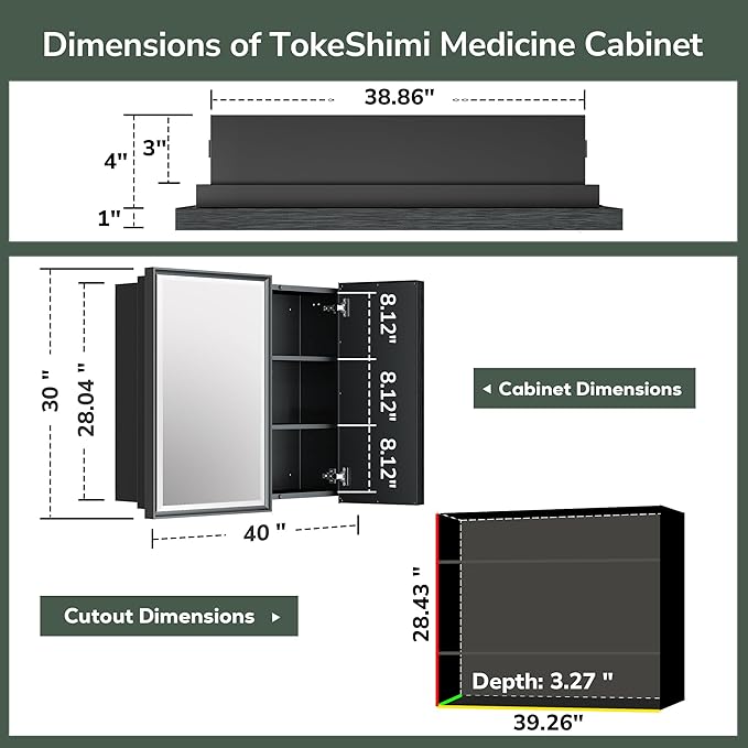 TokeShimi 40x30 Beveled Mirror with Storage Bathroom, Black Recessed Medicine Cabinet with Mirror Aluminum, Wall Mount Metal Recessed Medicine Cabinets for Bathroom