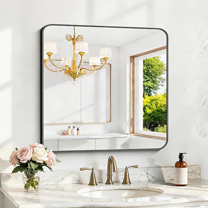 KOCUUY Bathroom Mirror 30"x30", Black Square Mirrors for Over Sink, Modern Vanity Mirror with Rounded Corner Metal Frame, Shatterproof Designed Wall Mirror for Bedroom, Living Room, Entryway