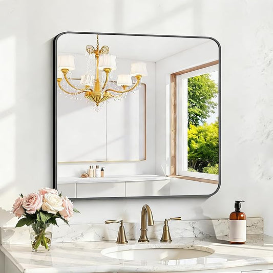 KOCUUY Bathroom Mirror 30"x30", Black Square Mirrors for Over Sink, Modern Vanity Mirror with Rounded Corner Metal Frame, Shatterproof Designed Wall Mirror for Bedroom, Living Room, Entryway