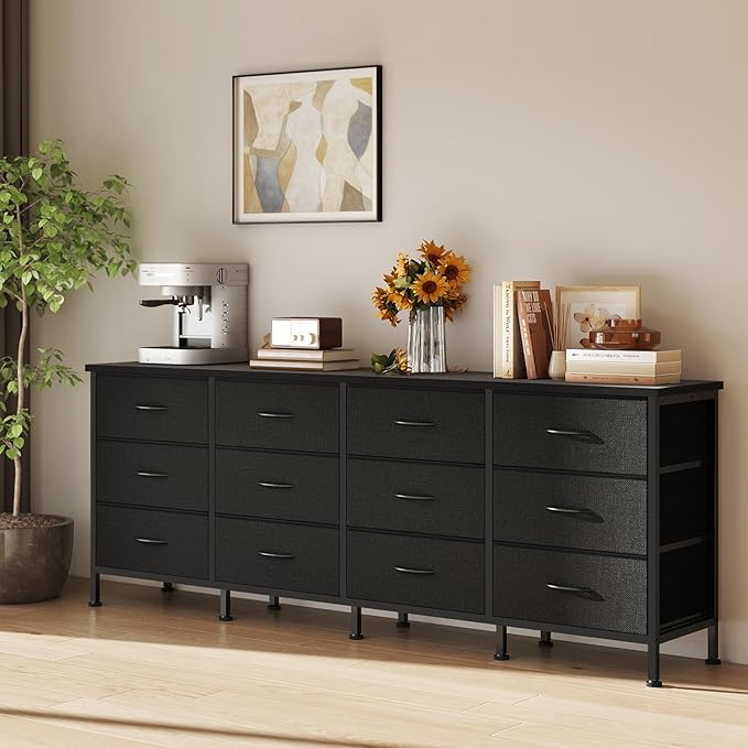 DUMOS TV Stand for Bedroom with Storage TV Stands for Living Room Black, 12 Drawer Dresser Farmhouse Entertainment Center for up to 80 Inch TVs, Media Console Table with Metal Frame Adjustable Feet
