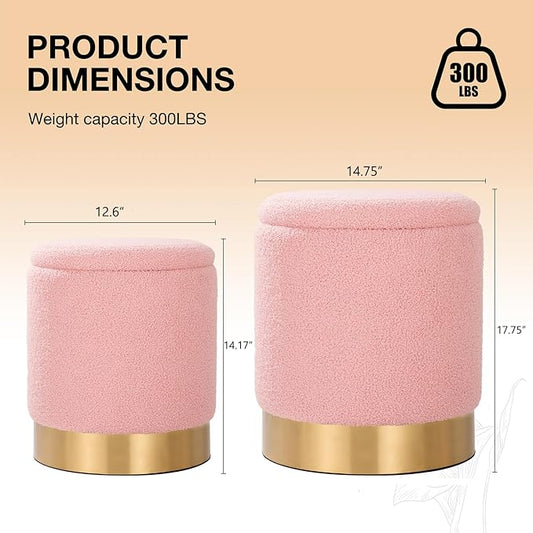 Sherpa Round Ottoman Set of 2 with Storage, 12 Gallon Hidden Storage Ottoman, Multi-Functional Footrest Stool, Vanity Seat, Coffee Table, No Assembly Required, Holds 300lbs (Teddy Pink)