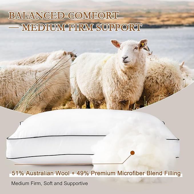 YOUR MOON Soft Natural Wool Pillow Queen Size, Fluffy Thick Down Alternative Pillows for Side Sleeper, Support Gusseted Bed Pillow for Sleeping, 100% Cotton Cover (White)