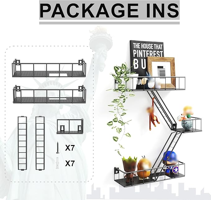Fire Escape Wall Shelf with Baskets, 3-Tier Metal Fire Escape Ladder Shelf Wall Organizer, New York Inspired Decorative Shelf, Black Floating Action Figurine Display Shelves for Bedroom, Home Décor.