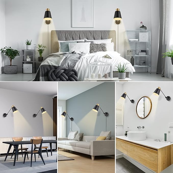 Dimmable Wall Lamp with Plug in Cord, Plug in Wall Sconces, Swing Arm Wall Light with On Off Switch, Metal Black Brass Industrial Wall Lamp for Bedroom, Living Room, E26 Base