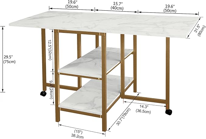 AT-VALY Folding Dining Table with 2 Storage Open Shelf,Drop Leaf Extension Dining Table,Top Folding 15.7" to 55.1" Kitchen Table (Gold)