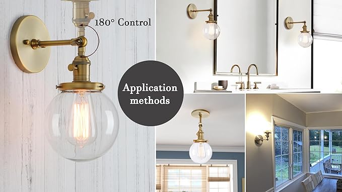 PERMO Vintage Wall Sconce Industrial Lighting Fixture with 5.9" Round Clear Glass Globe Hand Blown Shade (Antique)