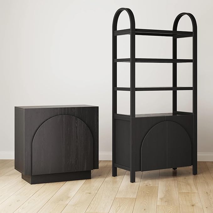 Nathan James Iris Mid-Century Modern Credenza, Black TV Stand, Living Room Wood Storage Cabinet with Arched Cabinet Doors, Black Credenza Cabinet for Kitchen or Living Room, Black Oak, Set of 4