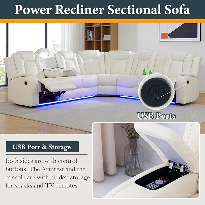 Power Recliner Sectional Sofa Set, Creamy Leather Sectional Couch for Living Room, L Shape Reclining Sofa with Cup Holder, Hidden Storage, Coffee Table for House(6 Seat)
