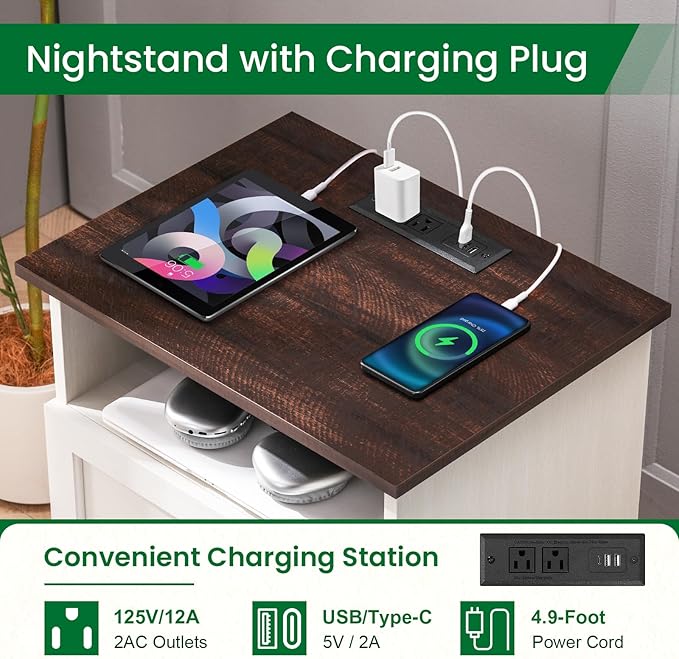 20-Inch Wide Modern Nightstand with Charging Station & Outlets, Bedside Table with 2 Drawers and Open Shelf, Sleek Design End Table for Bedroom and Office, White (Single Piece)