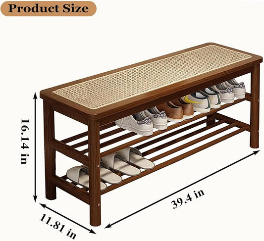 Bamboo Shoe Rack Bench with Rattan Seat, 3-Tier Shoe Storage Bench, Entryway Bench for Hallway,Walnut 39.4 inches